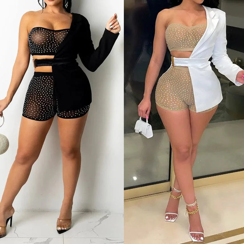 Fashion Women 3 Piece Set Shiny Rhinestone Tube Top + Mesh Shorts + Half Solid Color Jacket Sexy Lady Club Wear