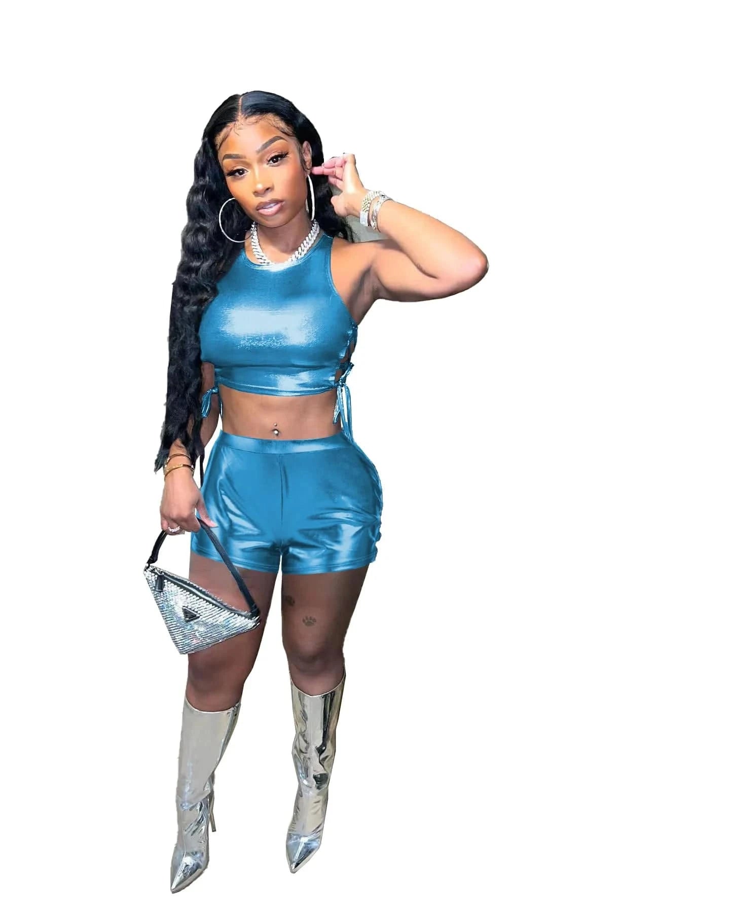 fashion women clothing 2023 summer matching two piece  Strap Hollowed Out Top and shorts set