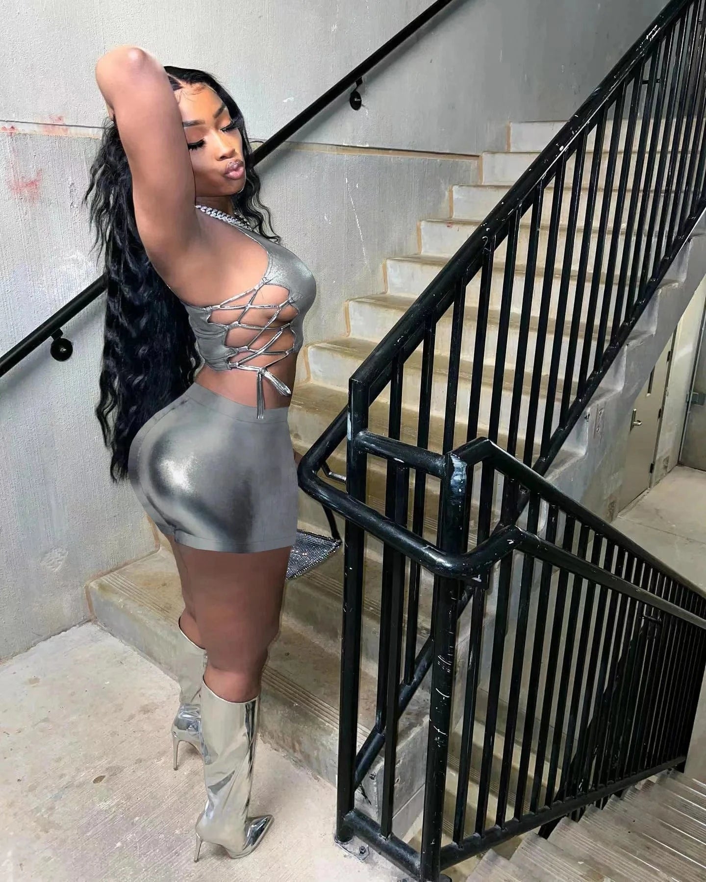 fashion women clothing 2023 summer matching two piece  Strap Hollowed Out Top and shorts set