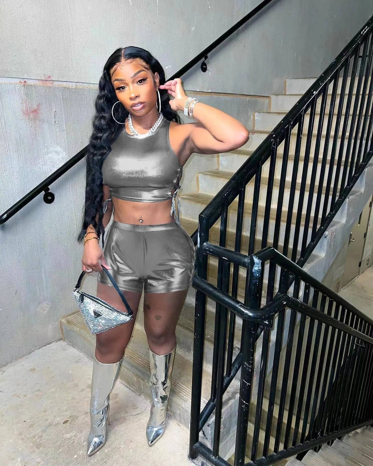 fashion women clothing 2023 summer matching two piece  Strap Hollowed Out Top and shorts set