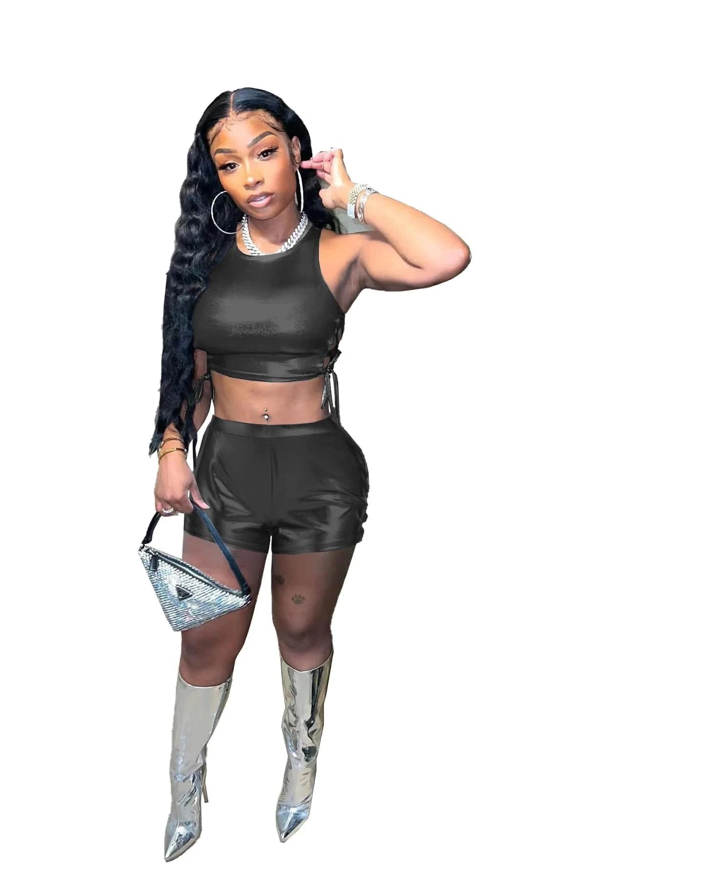 fashion women clothing 2023 summer matching two piece  Strap Hollowed Out Top and shorts set