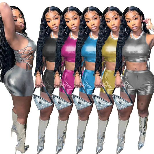 fashion women clothing 2023 summer matching two piece  Strap Hollowed Out Top and shorts set