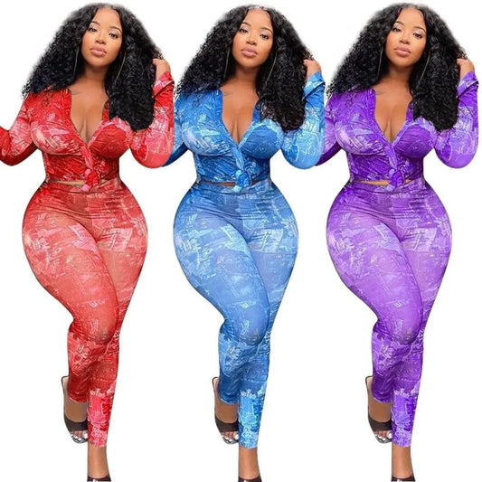 Fashion Women Clothing Plus Size XL-5XL 2 Piece Set Women Skinny Printing  V-neck Two Piece Pants Shirt Set for Ladies