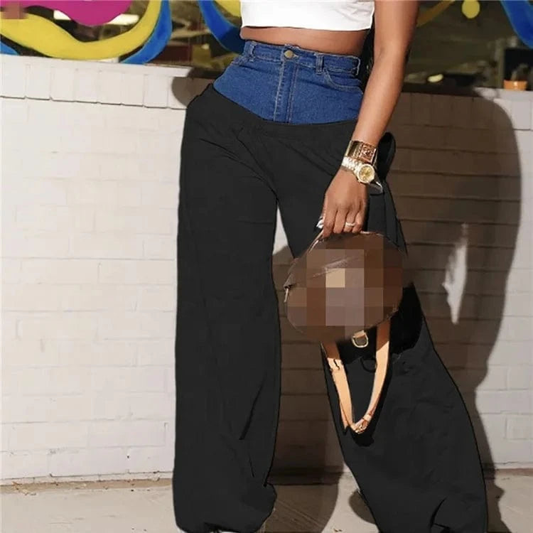 Fashion Women Denim Patchwork High Waist Jogger Pants 2023 Active Zipper Fly Jean Splicing Trousers