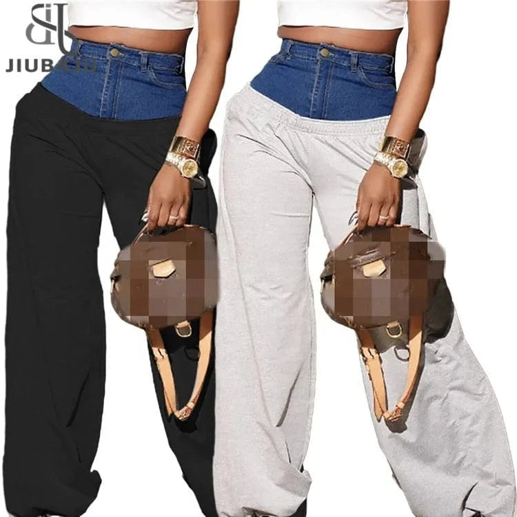 Fashion Women Denim Patchwork High Waist Jogger Pants 2023 Active Zipper Fly Jean Splicing Trousers