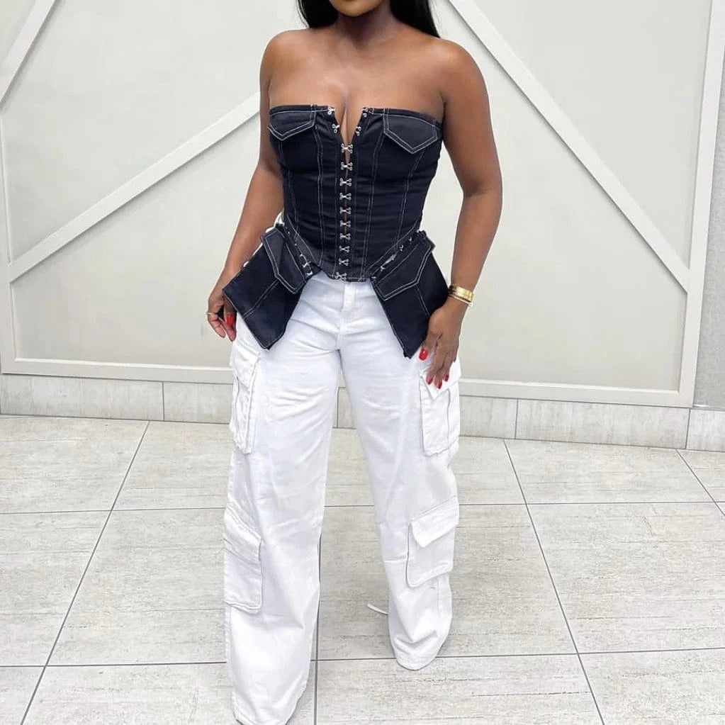 Fashion Women Denim Sexy Off Shoulder Strapless Tube Top Wrap Chest Vest Single Breasted Corset Top