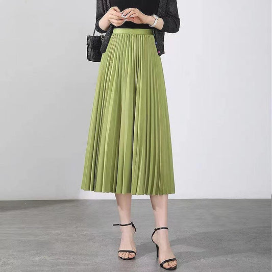 Fashion Women Elastic Waist Long Pleated Skirt Soild Colour Casual Skirts