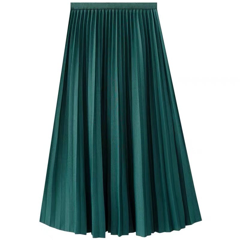 Fashion Women Elastic Waist Long Pleated Skirt Soild Colour Casual Skirts