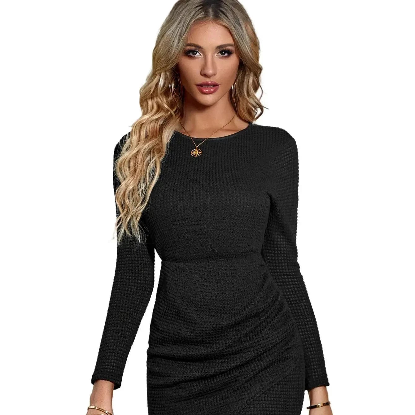 Fashion Women Lady Spring Dress Europe Round Neck Solid Color Slim Waist Long sleeve Pencil Irregular Hem Casual Dress