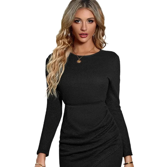 Fashion Women Lady Spring Dress Europe Round Neck Solid Color Slim Waist Long sleeve Pencil Irregular Hem Casual Dress