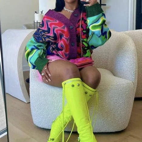 Fashion Women Long Sleeve V-neck Color Collision Lady Streetwear Print Loose Long Cardigan