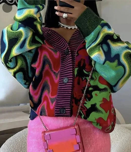 Fashion Women Long Sleeve V-neck Color Collision Lady Streetwear Print Loose Long Cardigan