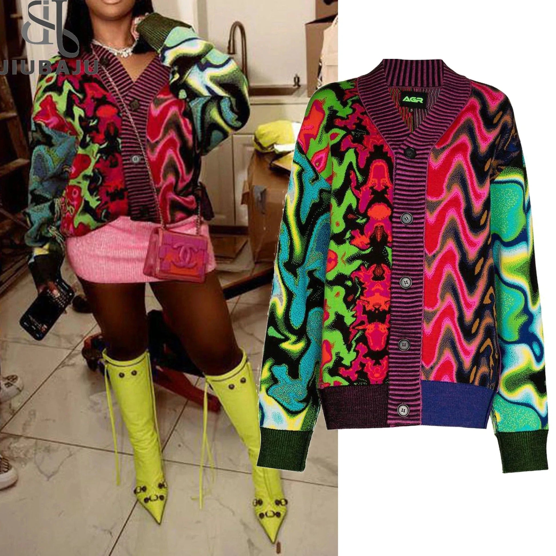 Fashion Women Long Sleeve V-neck Color Collision Lady Streetwear Print Loose Long Cardigan