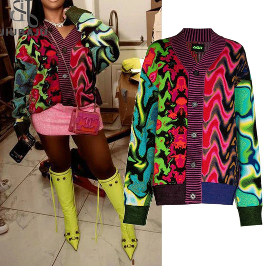 Fashion Women Long Sleeve V-neck Color Collision Lady Streetwear Print Loose Long Cardigan