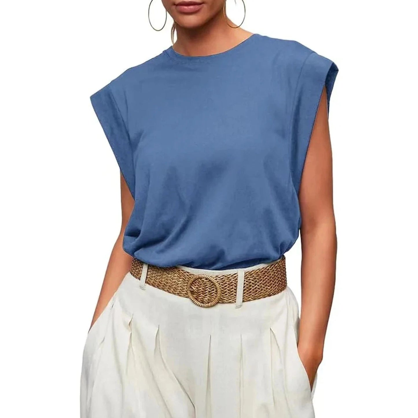 Fashion Women O-neck Sleeveless T-shirt Tops Solid Color Cover Shoulder Loose Summer Sleeveless Daily Casual Lady Vest T-shirt