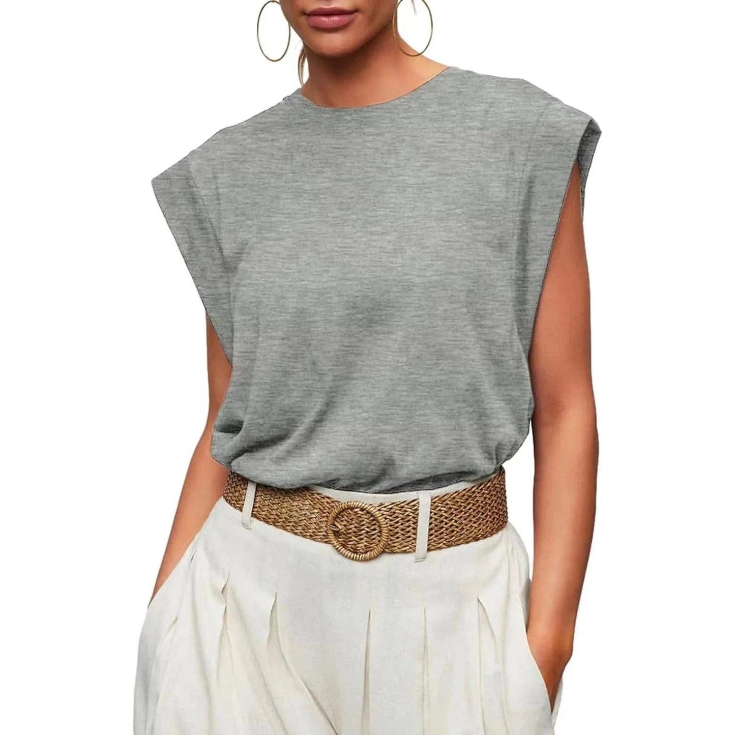 Fashion Women O-neck Sleeveless T-shirt Tops Solid Color Cover Shoulder Loose Summer Sleeveless Daily Casual Lady Vest T-shirt