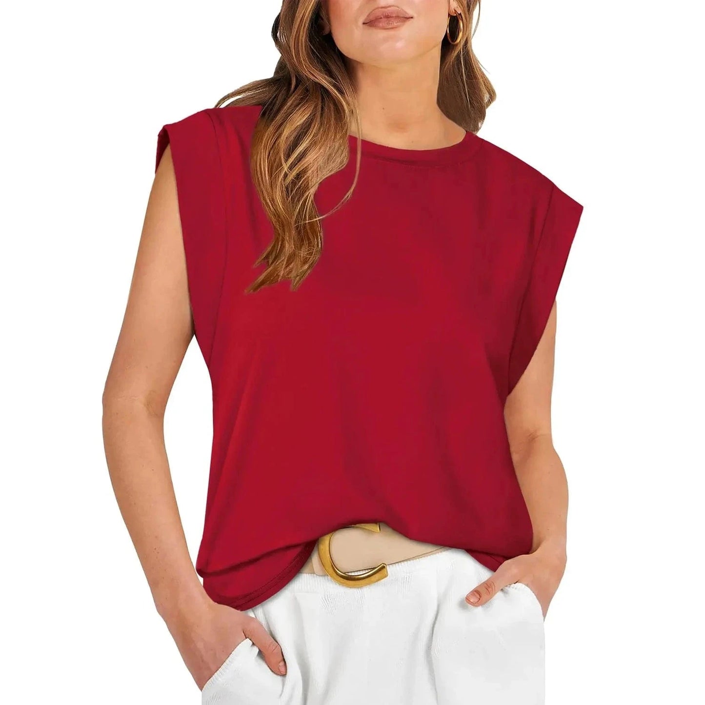 Fashion Women O-neck Sleeveless T-shirt Tops Solid Color Cover Shoulder Loose Summer Sleeveless Daily Casual Lady Vest T-shirt