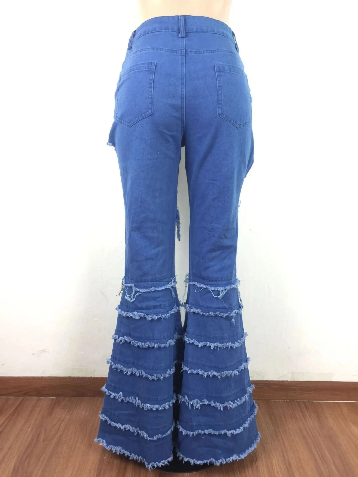 Fashion Women's Jean Pants Ripped Bell Bottom Skinny Ladies Tassel Denim Trousers Blue Distressed  Flare Women Jeans
