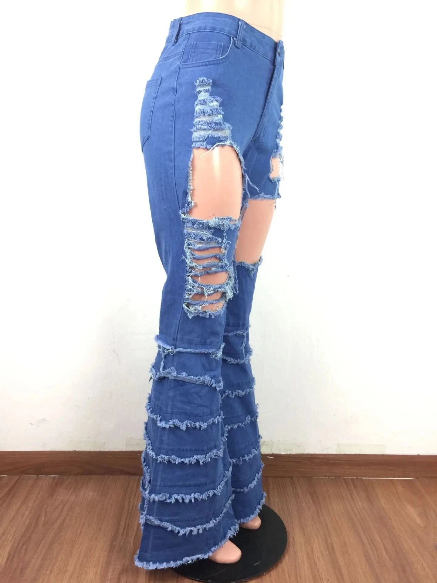 Fashion Women's Jean Pants Ripped Bell Bottom Skinny Ladies Tassel Denim Trousers Blue Distressed  Flare Women Jeans