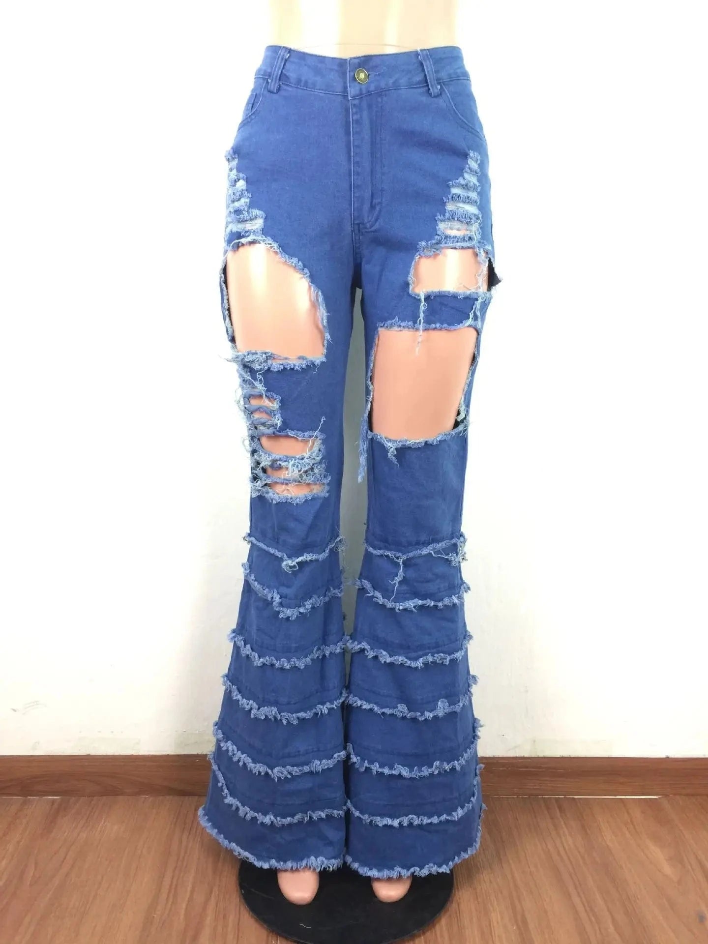 Fashion Women's Jean Pants Ripped Bell Bottom Skinny Ladies Tassel Denim Trousers Blue Distressed  Flare Women Jeans