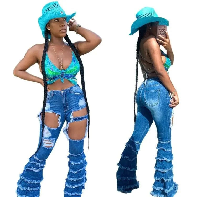 Fashion Women's Jean Pants Ripped Bell Bottom Skinny Ladies Tassel Denim Trousers Blue Distressed  Flare Women Jeans