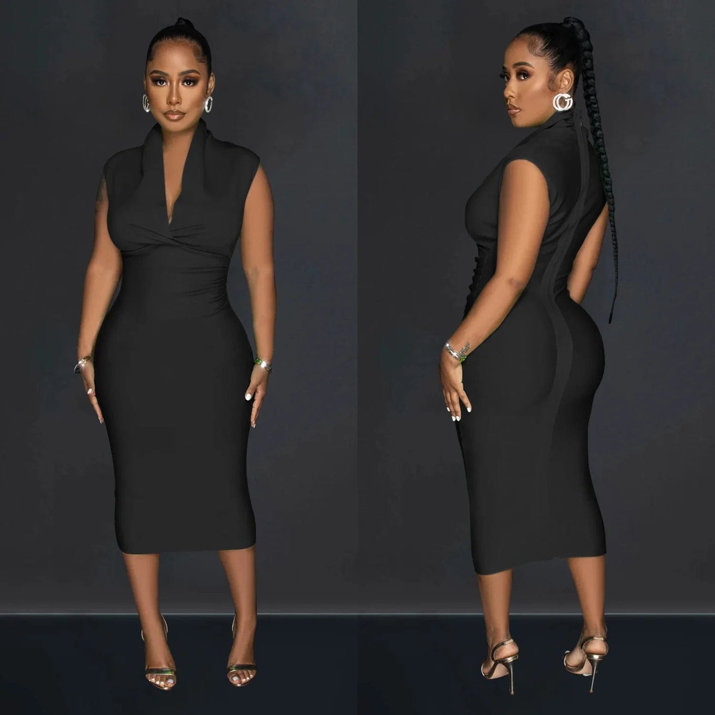 Fashion Women'S Solid Color Deep V Sleeveless Pleated Long Casual Dresses