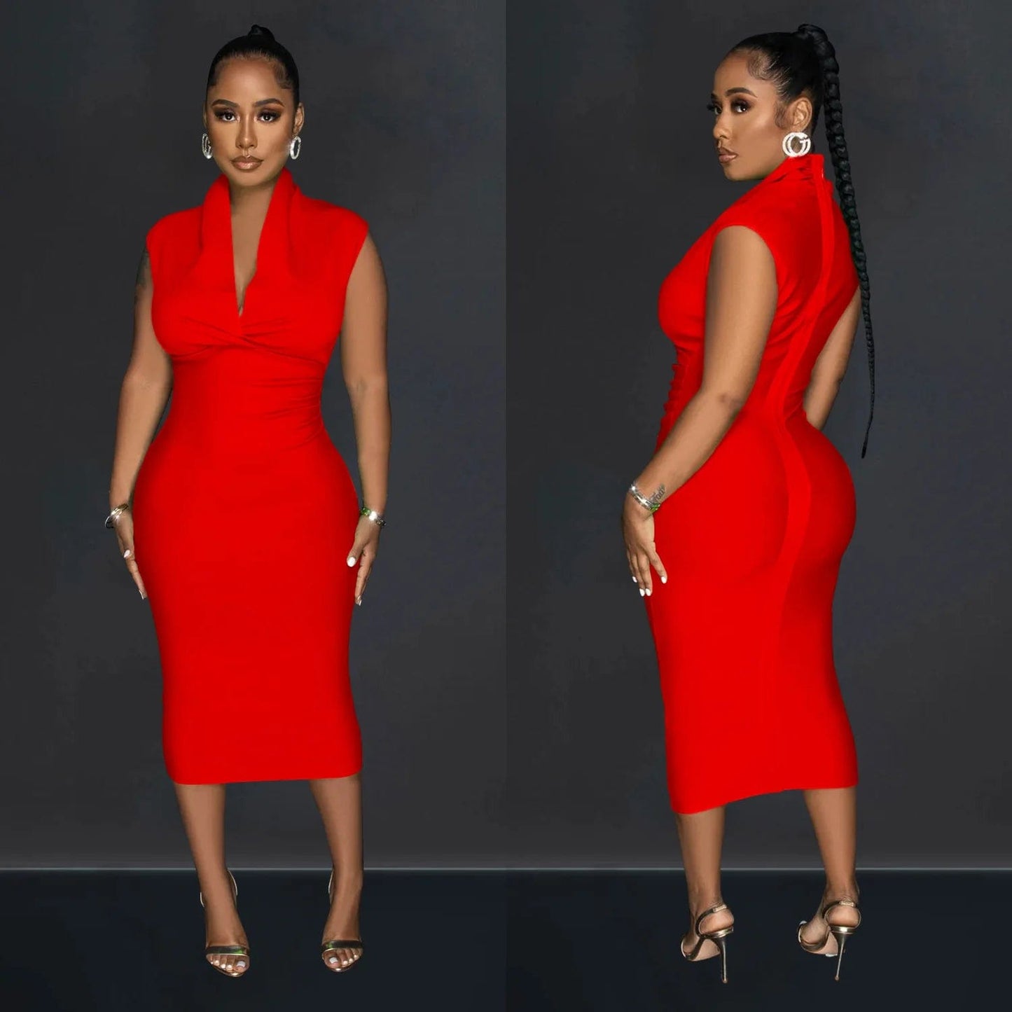 Fashion Women'S Solid Color Deep V Sleeveless Pleated Long Casual Dresses