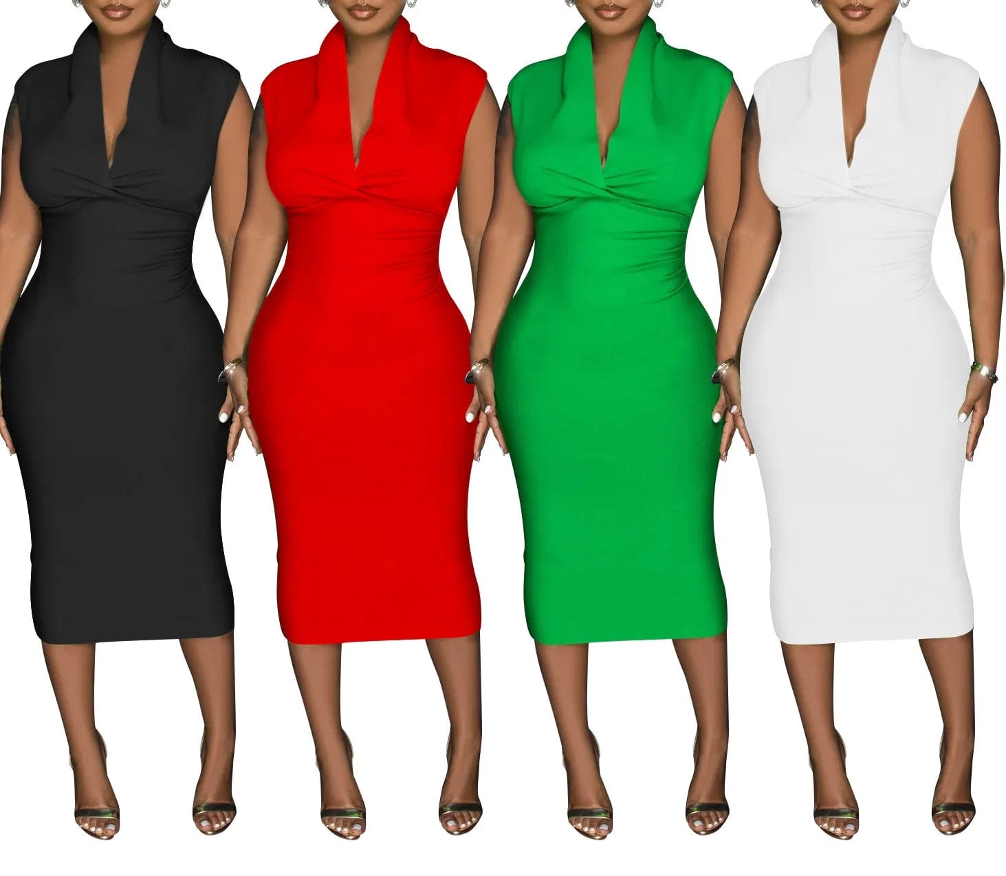 Fashion Women'S Solid Color Deep V Sleeveless Pleated Long Casual Dresses