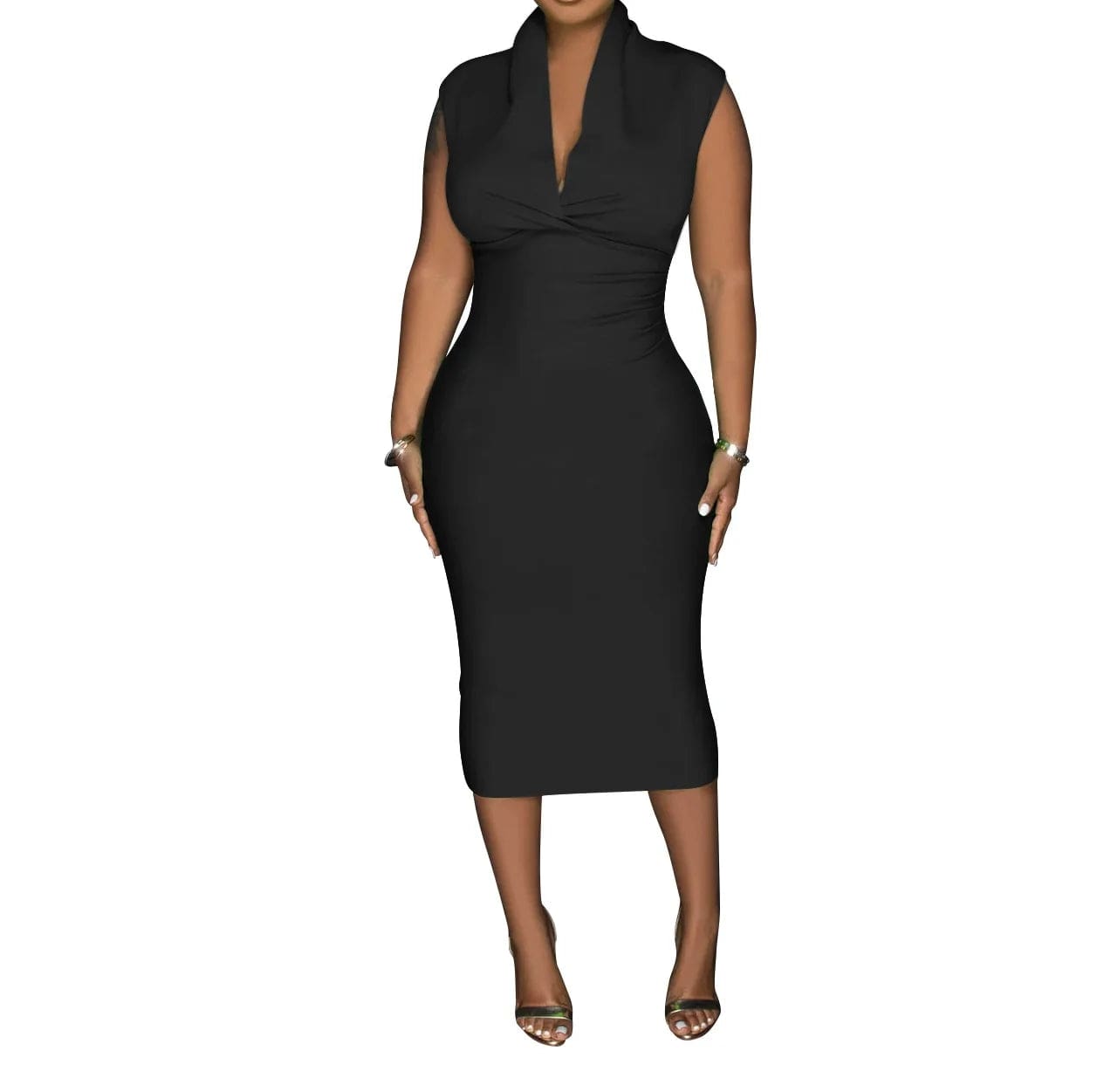 Fashion Women'S Solid Color Deep V Sleeveless Pleated Long Casual Dresses