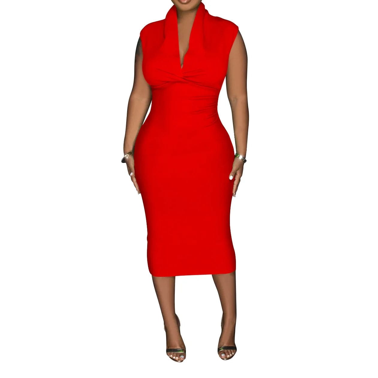 Fashion Women'S Solid Color Deep V Sleeveless Pleated Long Casual Dresses