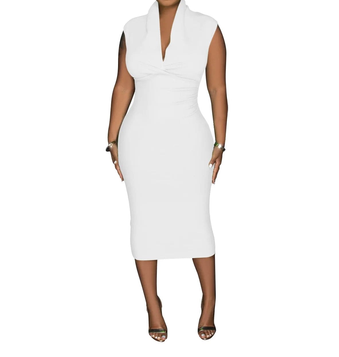 Fashion Women'S Solid Color Deep V Sleeveless Pleated Long Casual Dresses