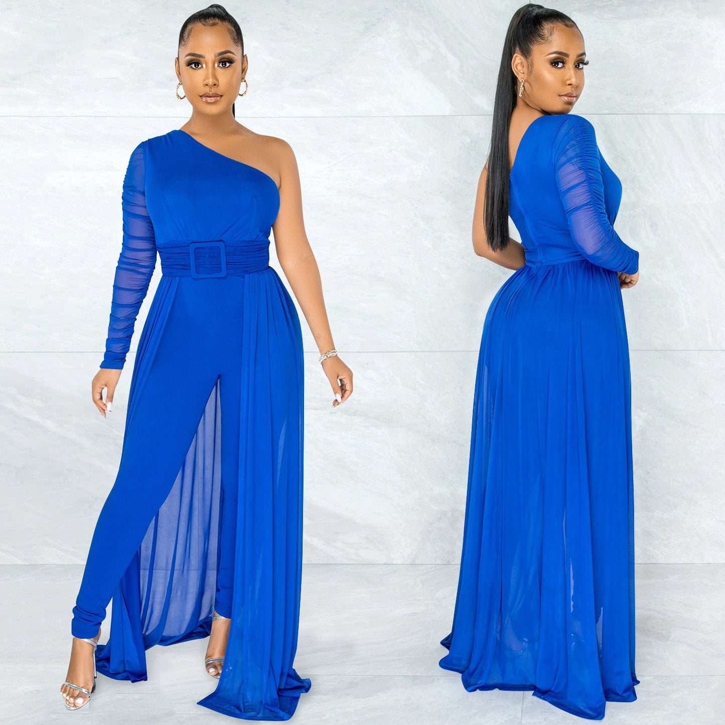 Fashion women's solid color sexy mesh gauze perspective single shoulder diagonal collar long sleeve ladies pant jumpsuit women