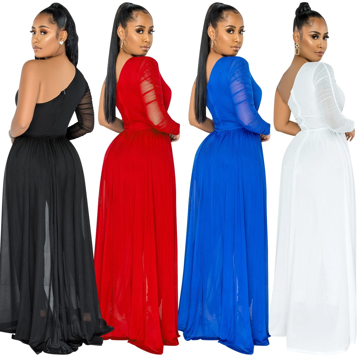 Fashion women's solid color sexy mesh gauze perspective single shoulder diagonal collar long sleeve ladies pant jumpsuit women