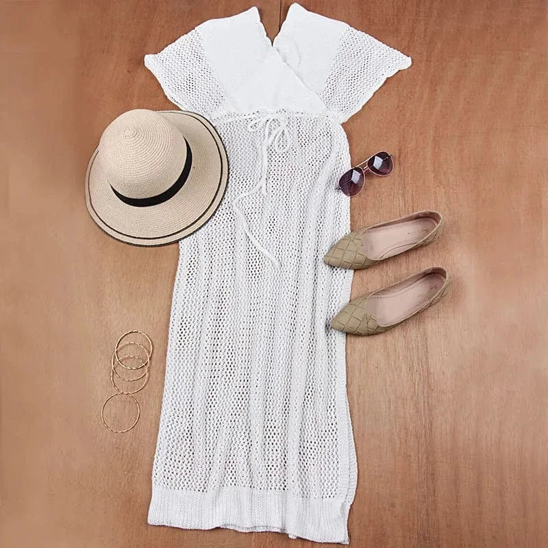 Fashion Women Sexy Flounce Sleeve Dresses Hollow Out Knit Crochet Cover Up BeachBikini 2023