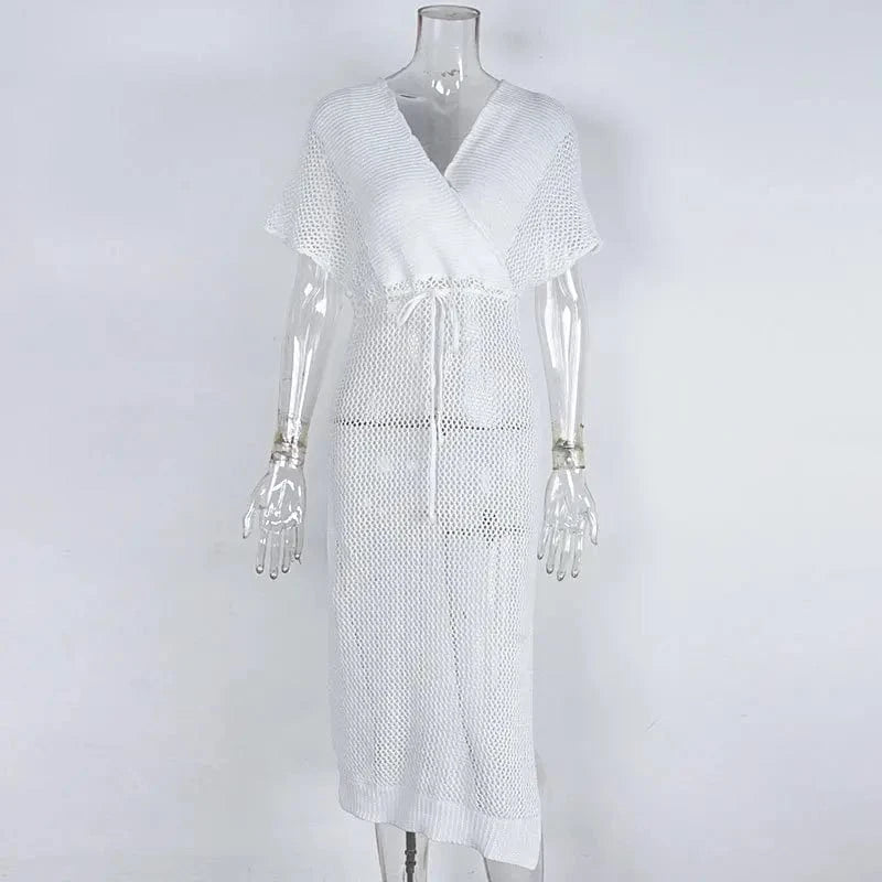 Fashion Women Sexy Flounce Sleeve Dresses Hollow Out Knit Crochet Cover Up BeachBikini 2023