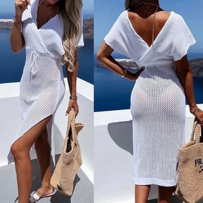 Fashion Women Sexy Flounce Sleeve Dresses Hollow Out Knit Crochet Cover Up BeachBikini 2023