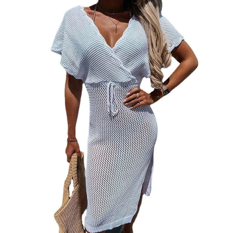 Fashion Women Sexy Flounce Sleeve Dresses Hollow Out Knit Crochet Cover Up BeachBikini 2023