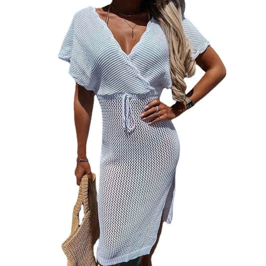 Fashion Women Sexy Flounce Sleeve Dresses Hollow Out Knit Crochet Cover Up BeachBikini 2023