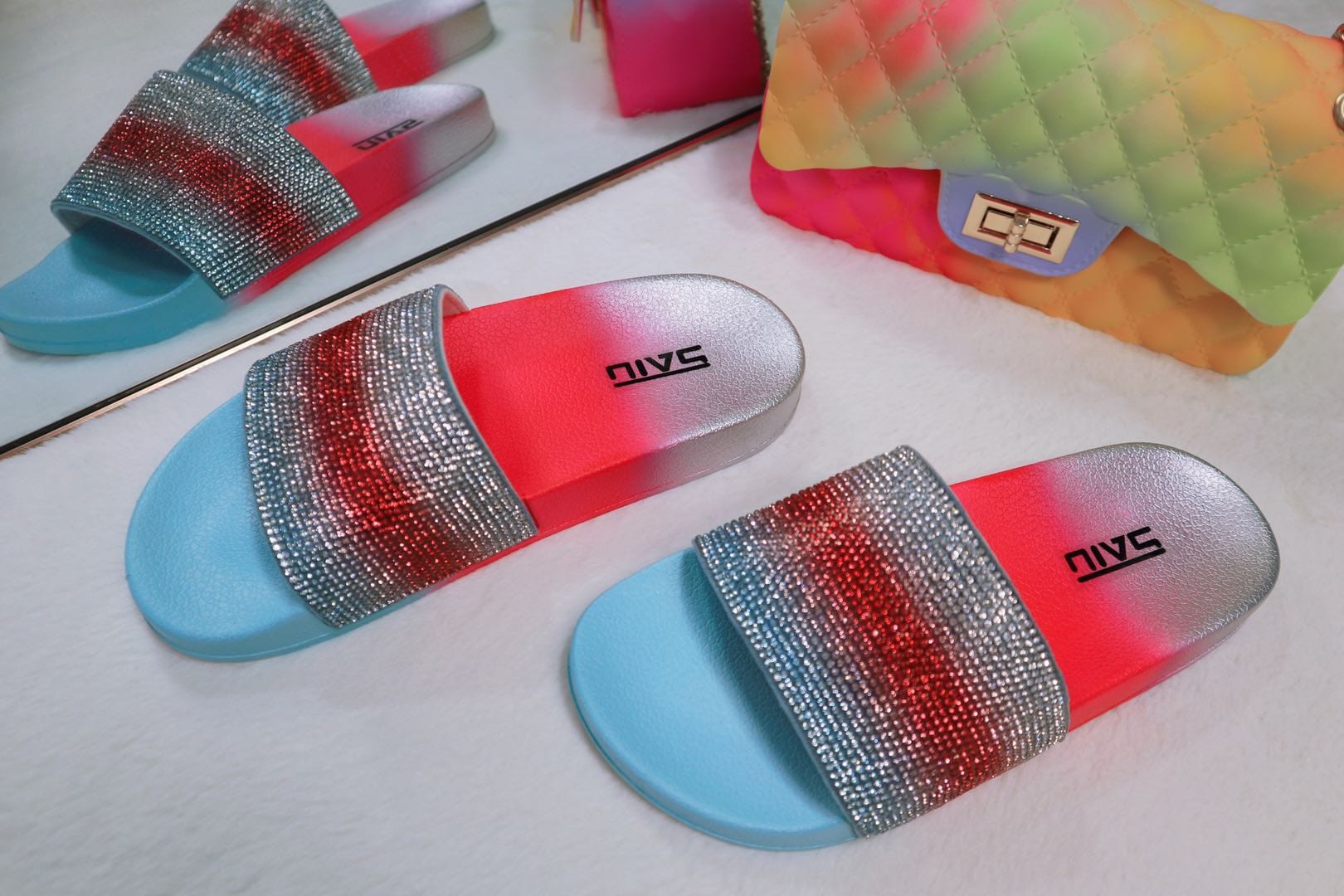 Fashion women shining Diamond sandals gradient colors slides slippers