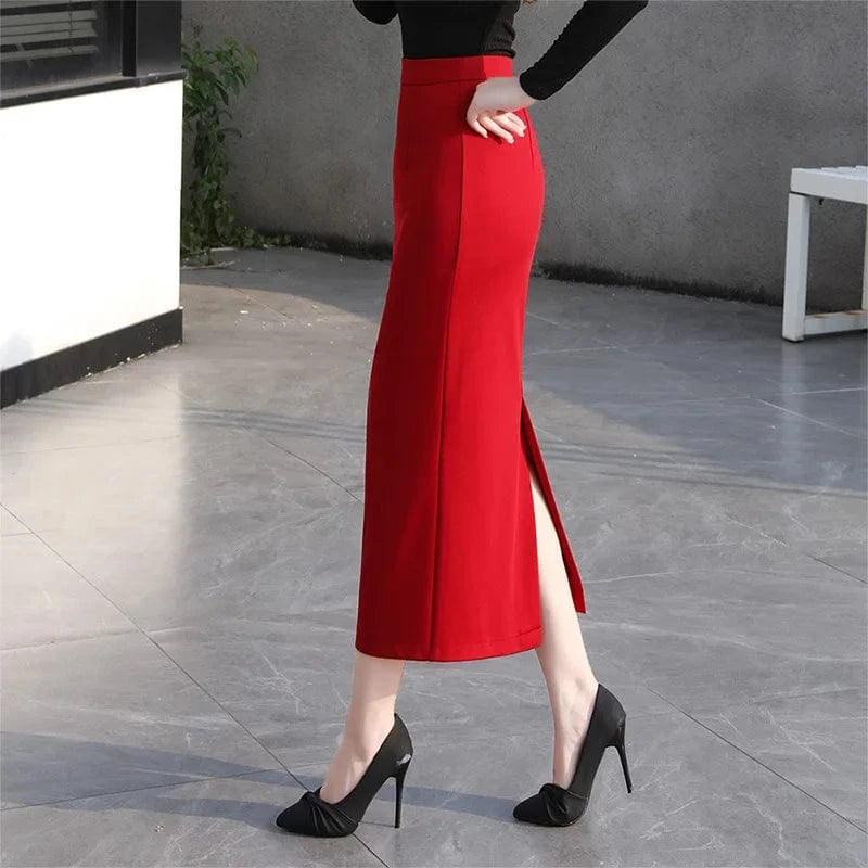 Fashion Women Spring  Autumn New Slit Wrap Hip Skirt Elastic Solid Color Office One-step Skirt Suit Long Casual Skirt