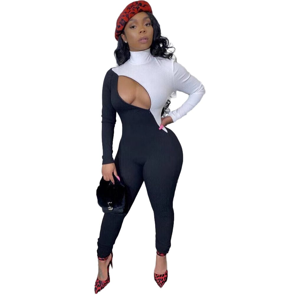Fashion Women Spring Turtleneck Solid Color Pit Zipper Color Matching One Piece Bodycon Jumpsuit