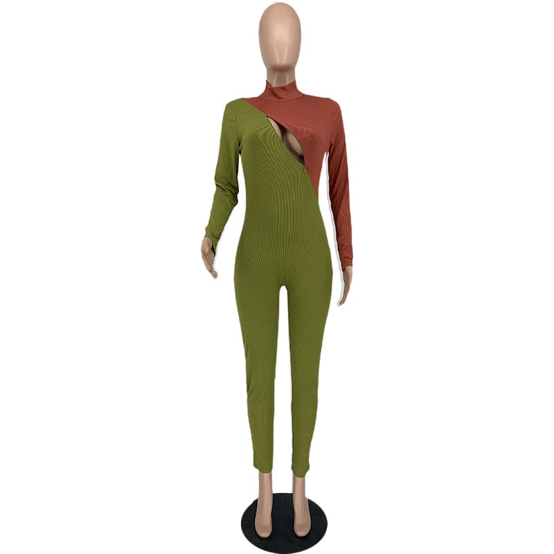 Fashion Women Spring Turtleneck Solid Color Pit Zipper Color Matching One Piece Bodycon Jumpsuit