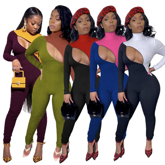 Fashion Women Spring Turtleneck Solid Color Pit Zipper Color Matching One Piece Bodycon Jumpsuit