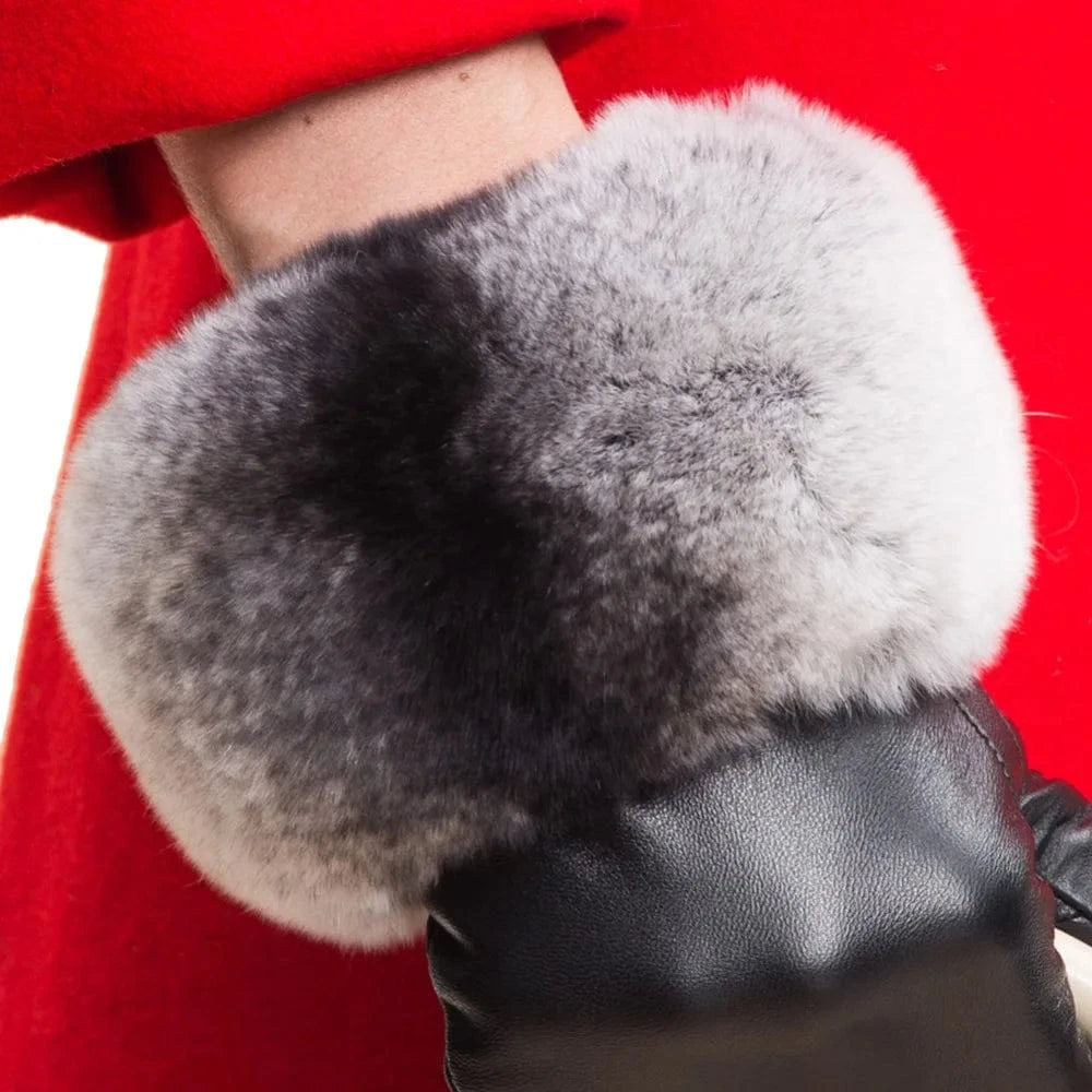 Fashion women touch sheepskin leather rabbit fur gift gloves winter