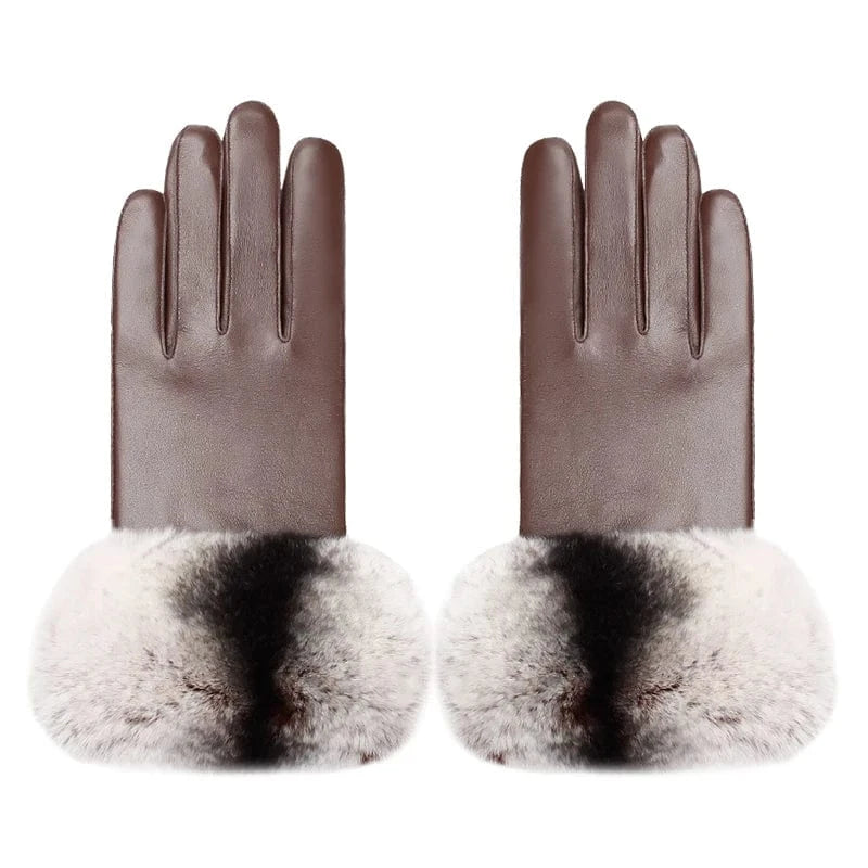 Fashion women touch sheepskin leather rabbit fur gift gloves winter