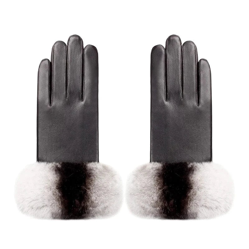 Fashion women touch sheepskin leather rabbit fur gift gloves winter