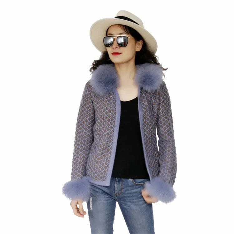 Fashion Wool Blended Knit Sweater Ladies Long Sleeve Cardigan Coat With Fox Fur Collar