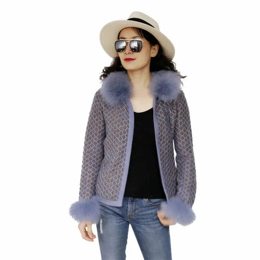 Fashion Wool Blended Knit Sweater Ladies Long Sleeve Cardigan Coat With Fox Fur Collar