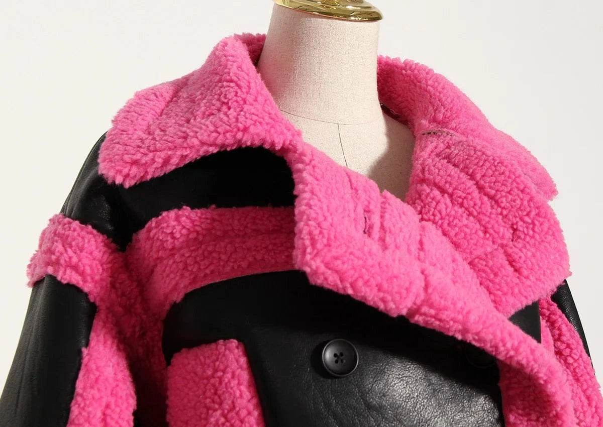 Fashion Y2K Turn Down Motor Style Pink Color Imitation Fur Patchwork Pu Leather  Winter Women Jackets