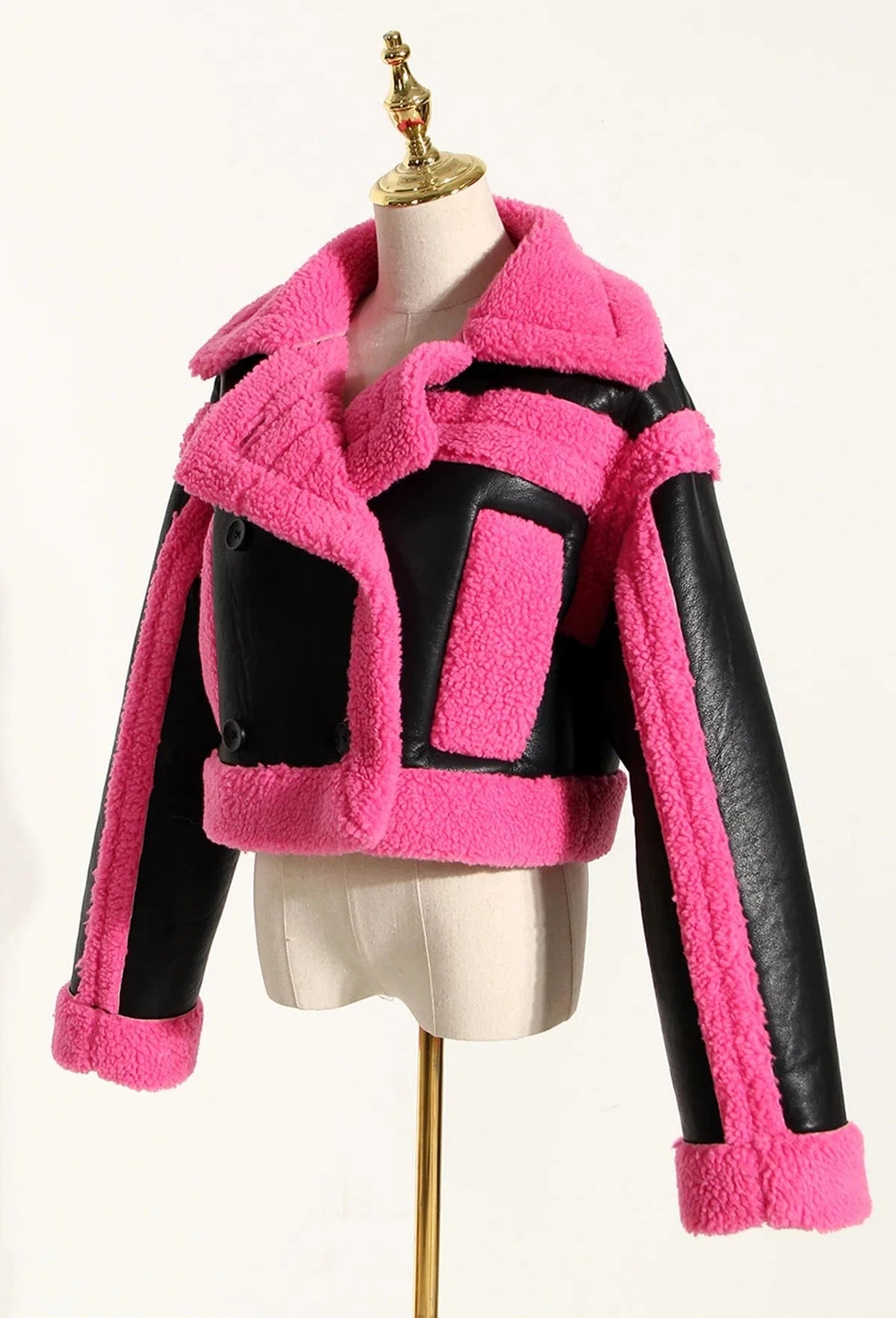 Fashion Y2K Turn Down Motor Style Pink Color Imitation Fur Patchwork Pu Leather  Winter Women Jackets